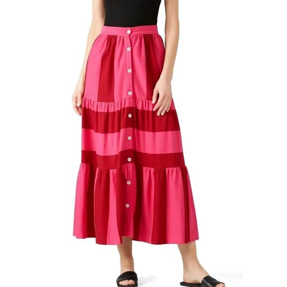 MDS Stripes Knit Tiered Button Front Maxi Skirt Size 2/M Pink Red Cotton Pockets - Picture 2 of 14